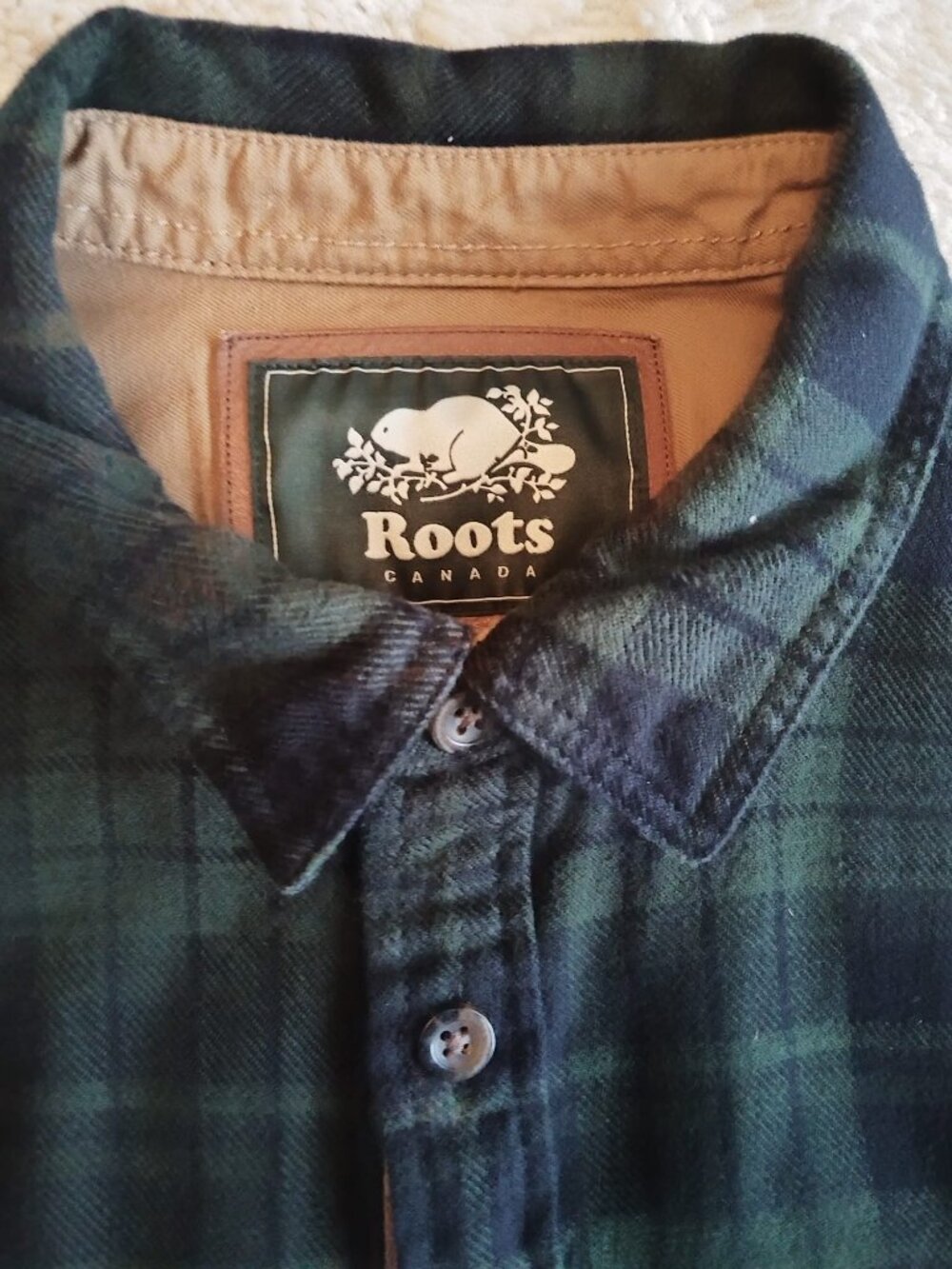 Roots Canada Flannel Plaid Shirt Green/Navy w/ Elbow Patches - Size L - Picture 11 of 14